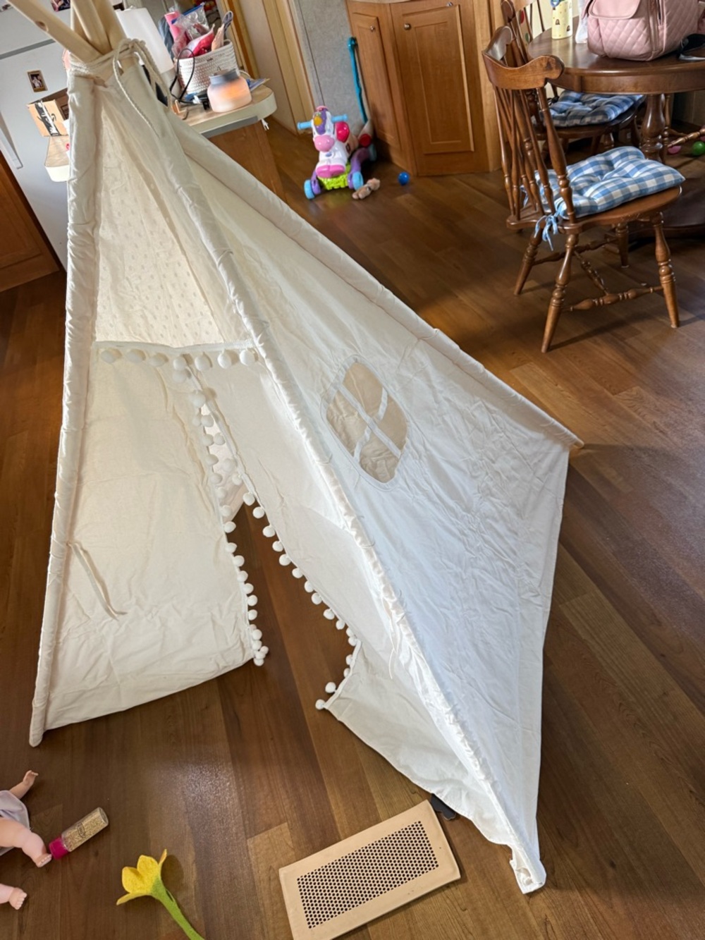 Cream Kids Play Teepee Tent with Pom Pom Trim